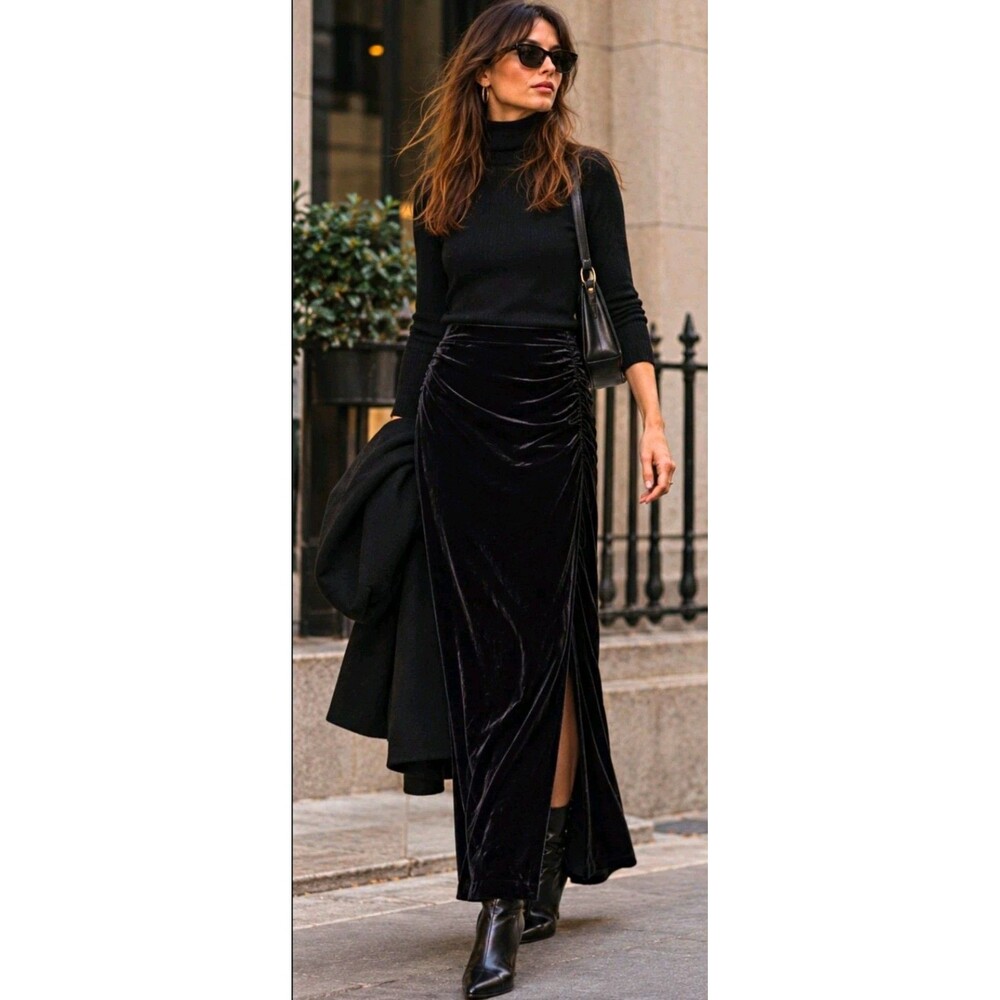 NWOT Old Navy Black Velvet Ruched Straight Maxi Skirt High Rise Slit Pull On L